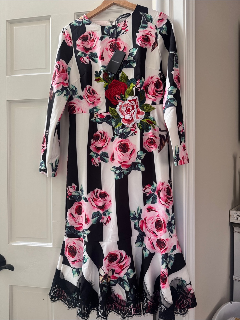 Floral Stripe Midi Dress with Rose Embroidery - Pink/Black